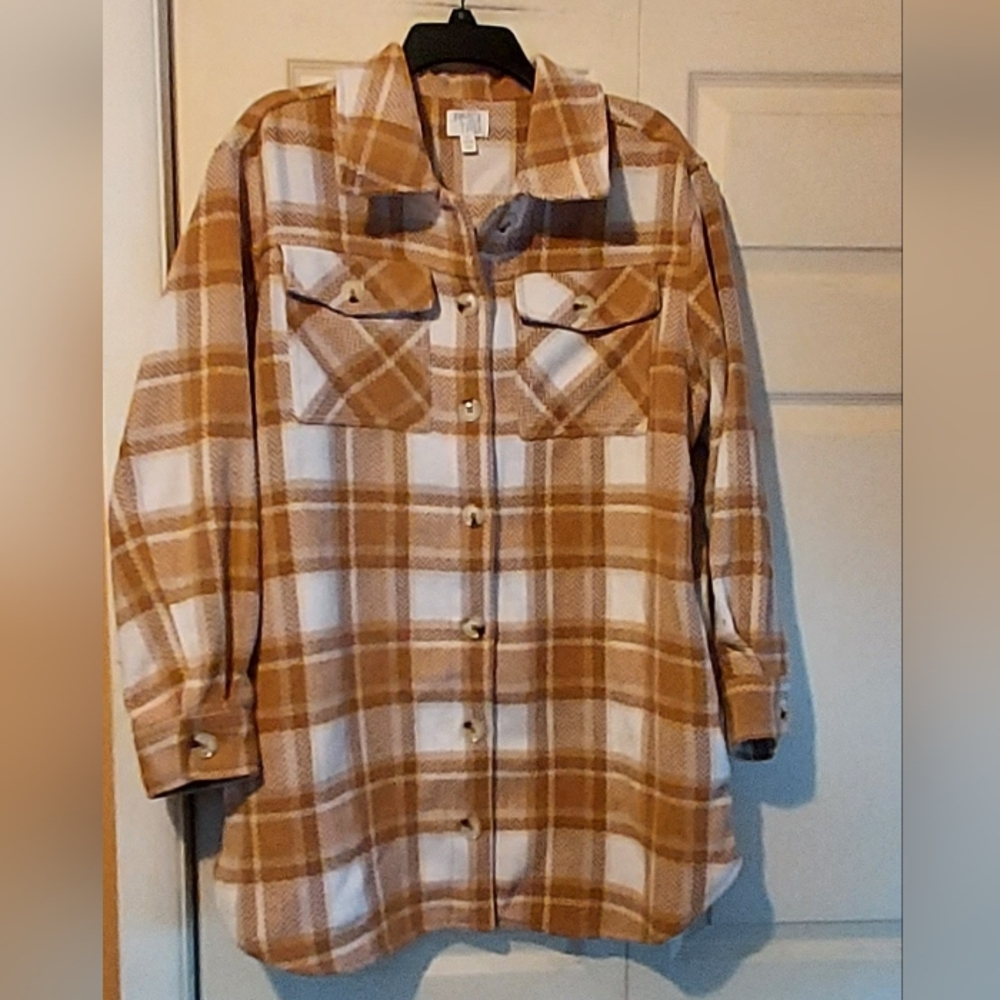 Time and Tru Shacket Tan Plaid Flannel Button Shirt Cabincore Gorp Oversized Lg